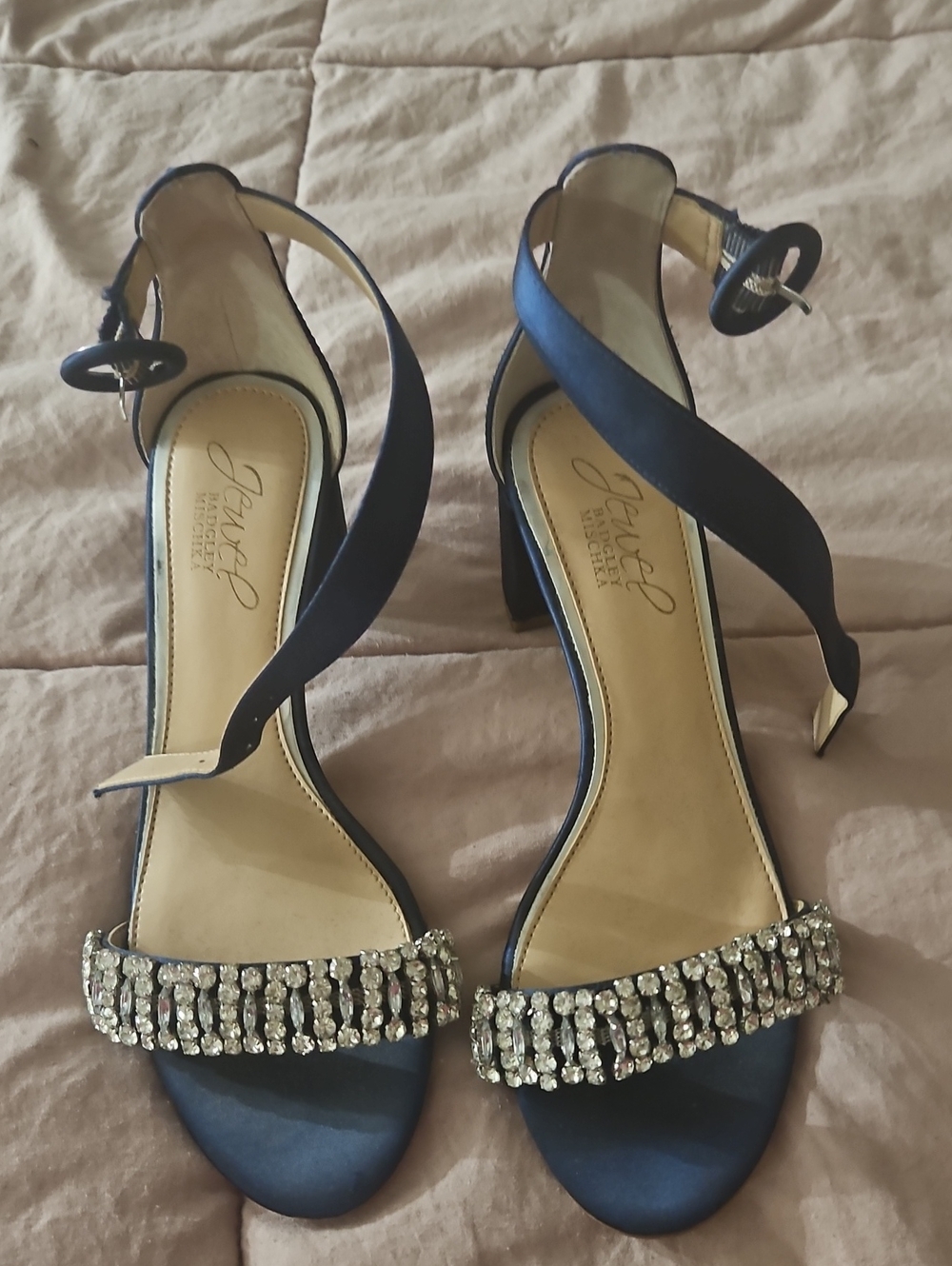 Jewel Badgley Mischka Navy Satin Crystal-Embellished Block Heel Sandals